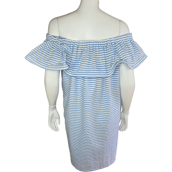 Revolve Line & Dot Dress Womens Large Lea‎ Blue White Stripe Off Shoulder Ruffle - Picture 8 of 15